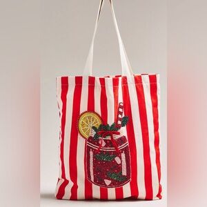 Anthropologie Printed Beaded Canvas Tote Bag Red White
